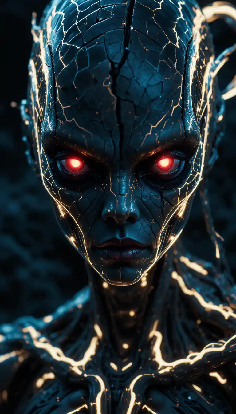 Alien face of glowing biomechanical lines in darkness