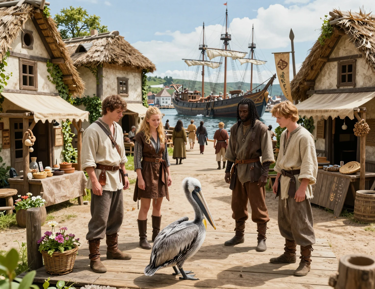 Fantasy travelers watching a pelican on a sunny port dock