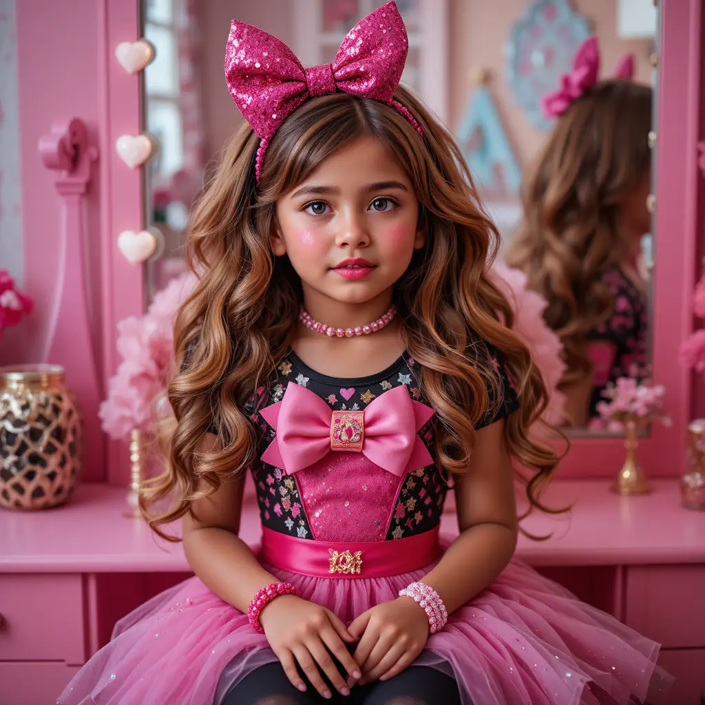 Shy Tween Girl In Pink Dress At Sparkling Vanity Mirror