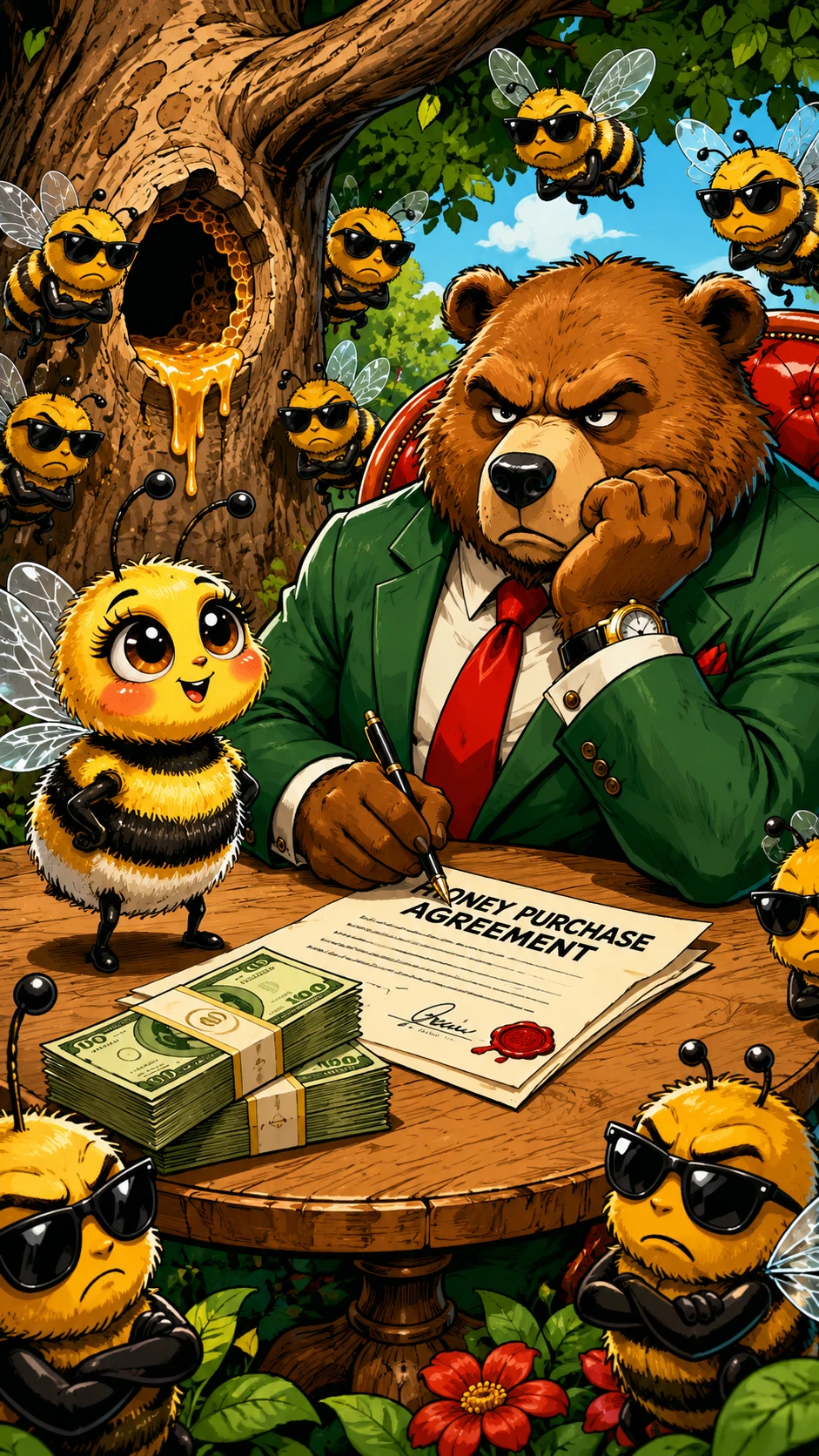 Cartoon bear negotiating honey deal with bees at table