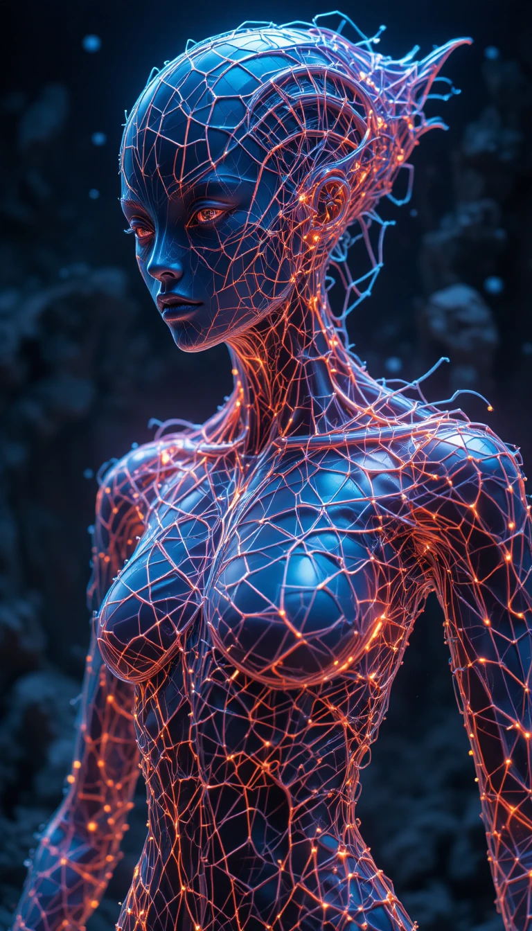 Humanoid Being Of Glowing Topology Lines And Wireframes