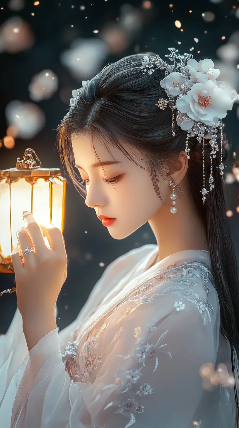 Elegant lantern lit portrait of an ethereal asian girl