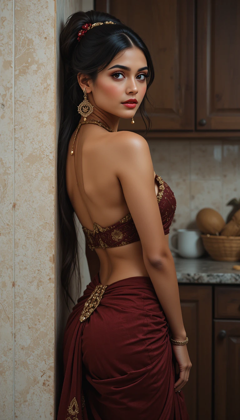 Tall woman in low waist sari posing in kitchen