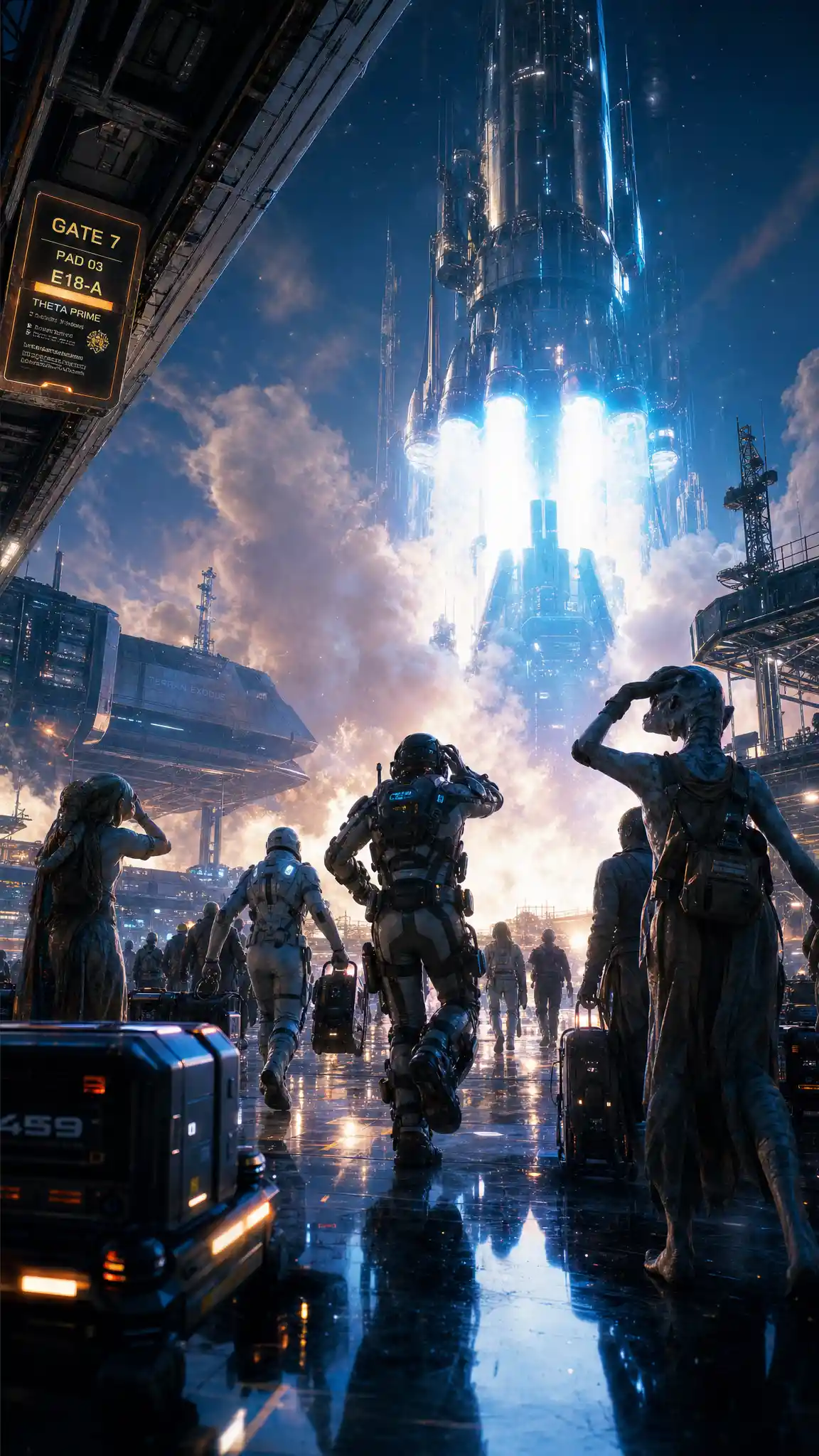 Futuristic spaceport with rocket launching at twilight