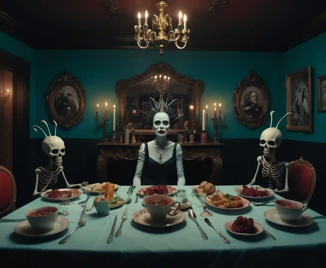 Surreal comic horror scene of a sensual mysterious woman