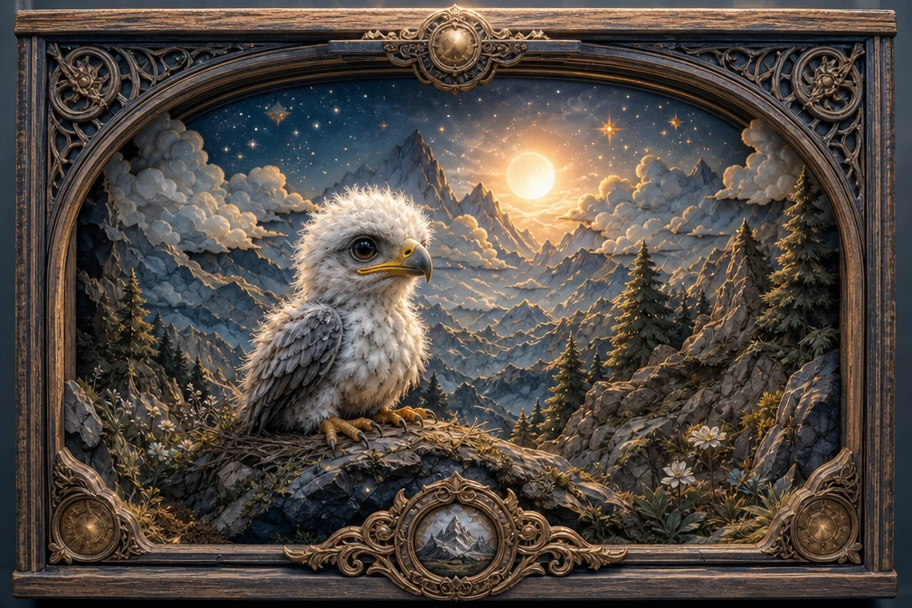 Baby eagle chick in a layered mountain shadowbox illustration