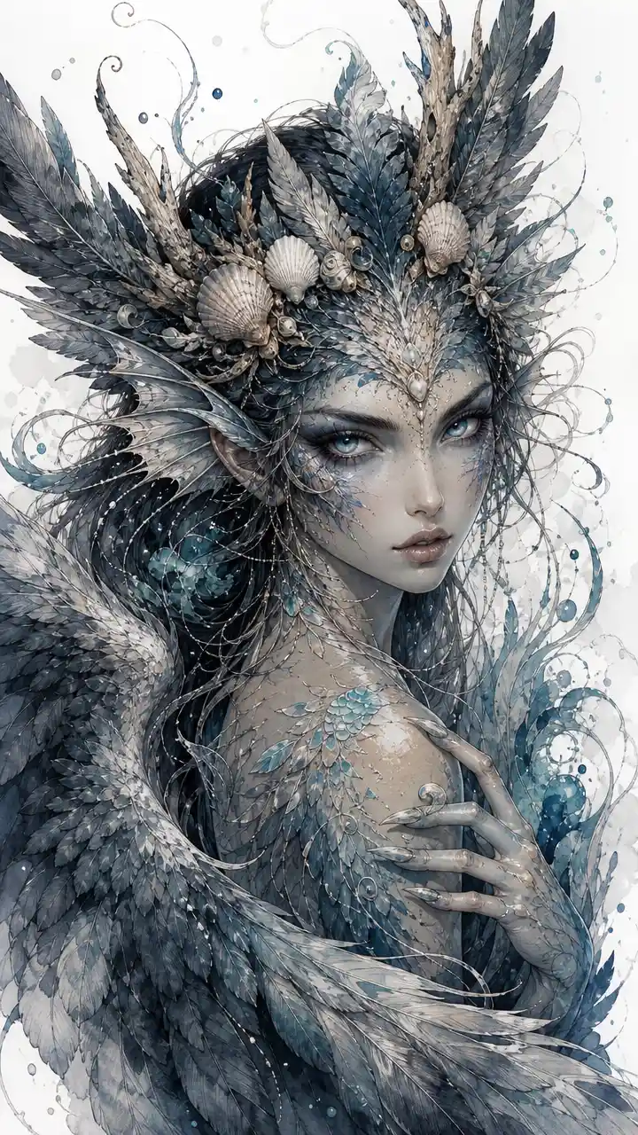Mystical siren woman portrait with feathered wings and crown