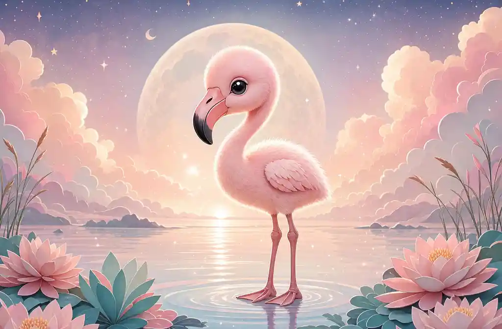 Cute baby flamingo standing in glowing lagoon illustration