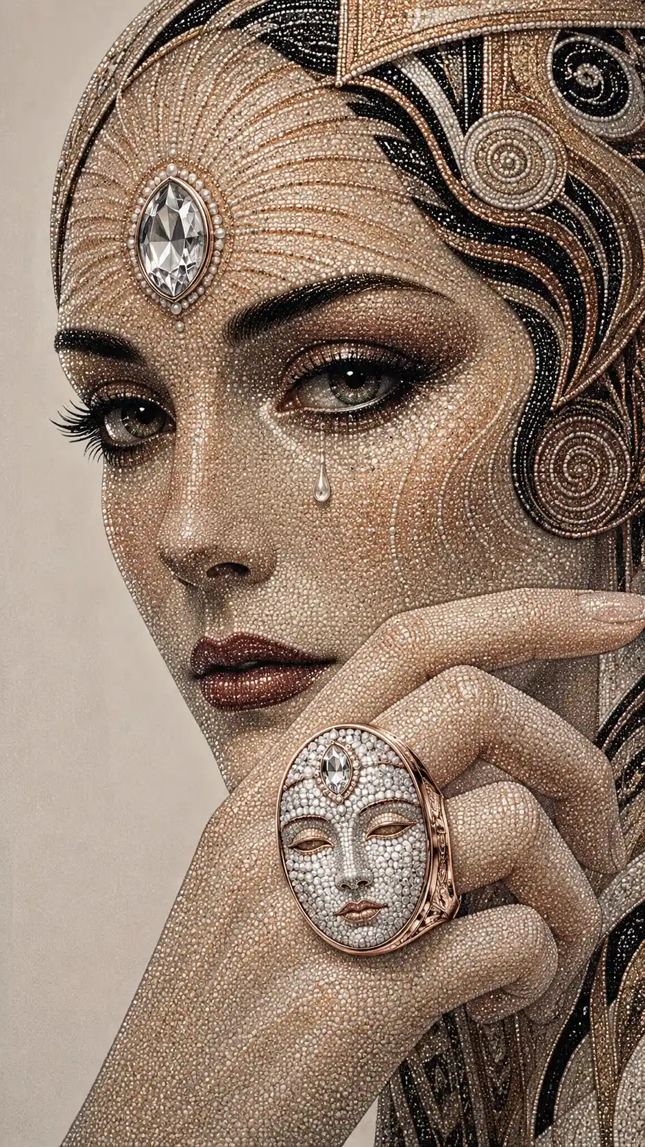 Surreal pointillism woman with rose gold diamond ring