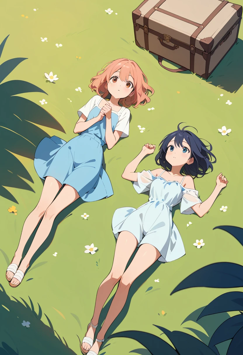 Two anime girls lying on summer grass watching clouds
