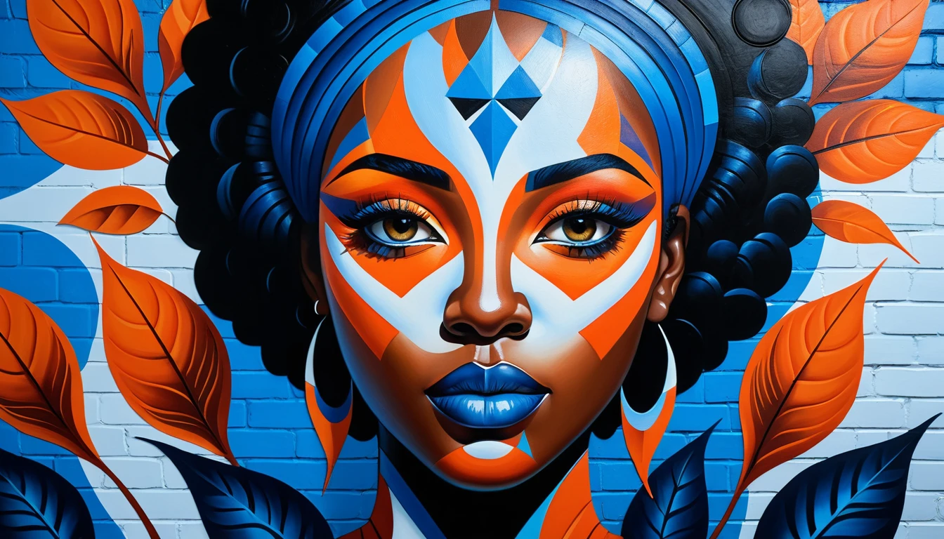 Airbrushed mural portrait of a serene woman with blue skin