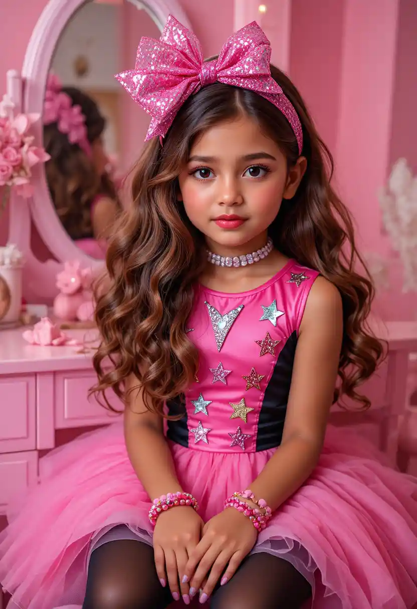 Nervous tween in pink dress at sparkling vanity mirror