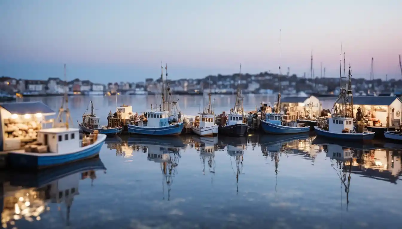 Tilt shift miniature harbor fish market at dawn