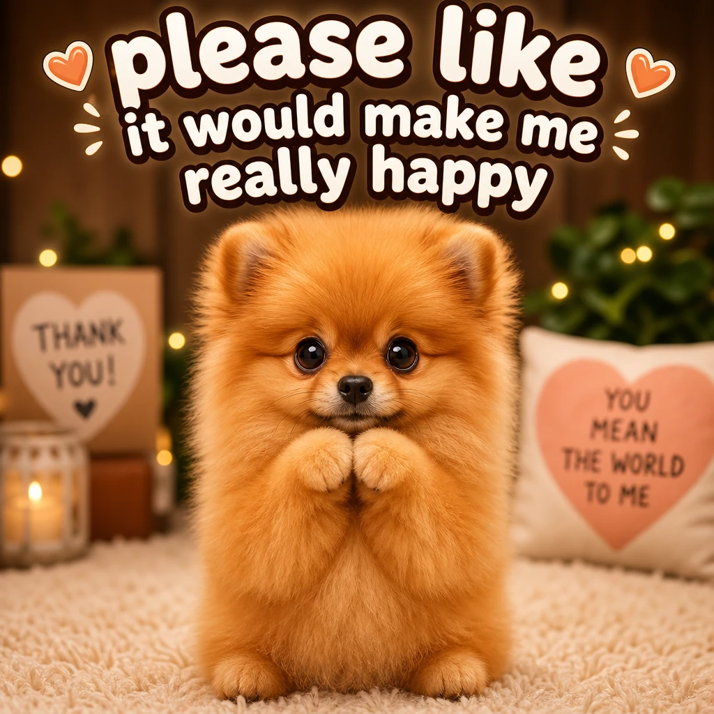 Cute pomeranian puppy begging with playful text above