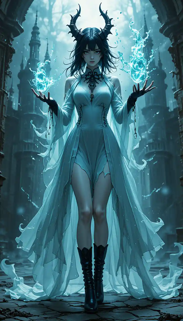 Anime girl wielding dark magic in haunted castle ruins