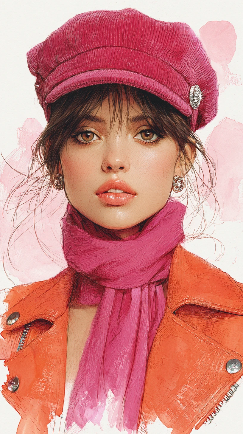 Confident woman in pink cap and orange jacket portrait