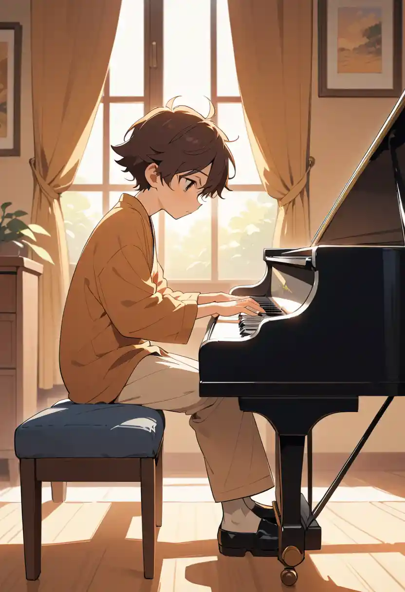 Boy Practicing Piano In Warm Afternoon Living Room Light