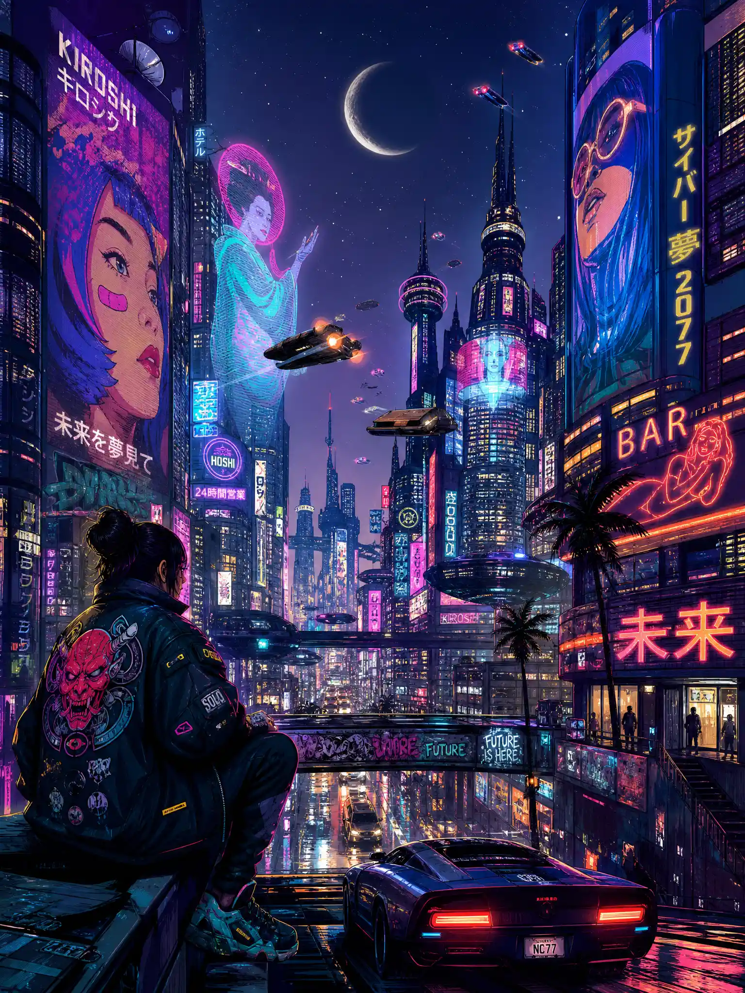 Neon futuristic city skyline under a glowing crescent moon