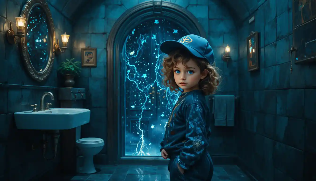 Young girl in bathroom mirror with mysterious watching eyes