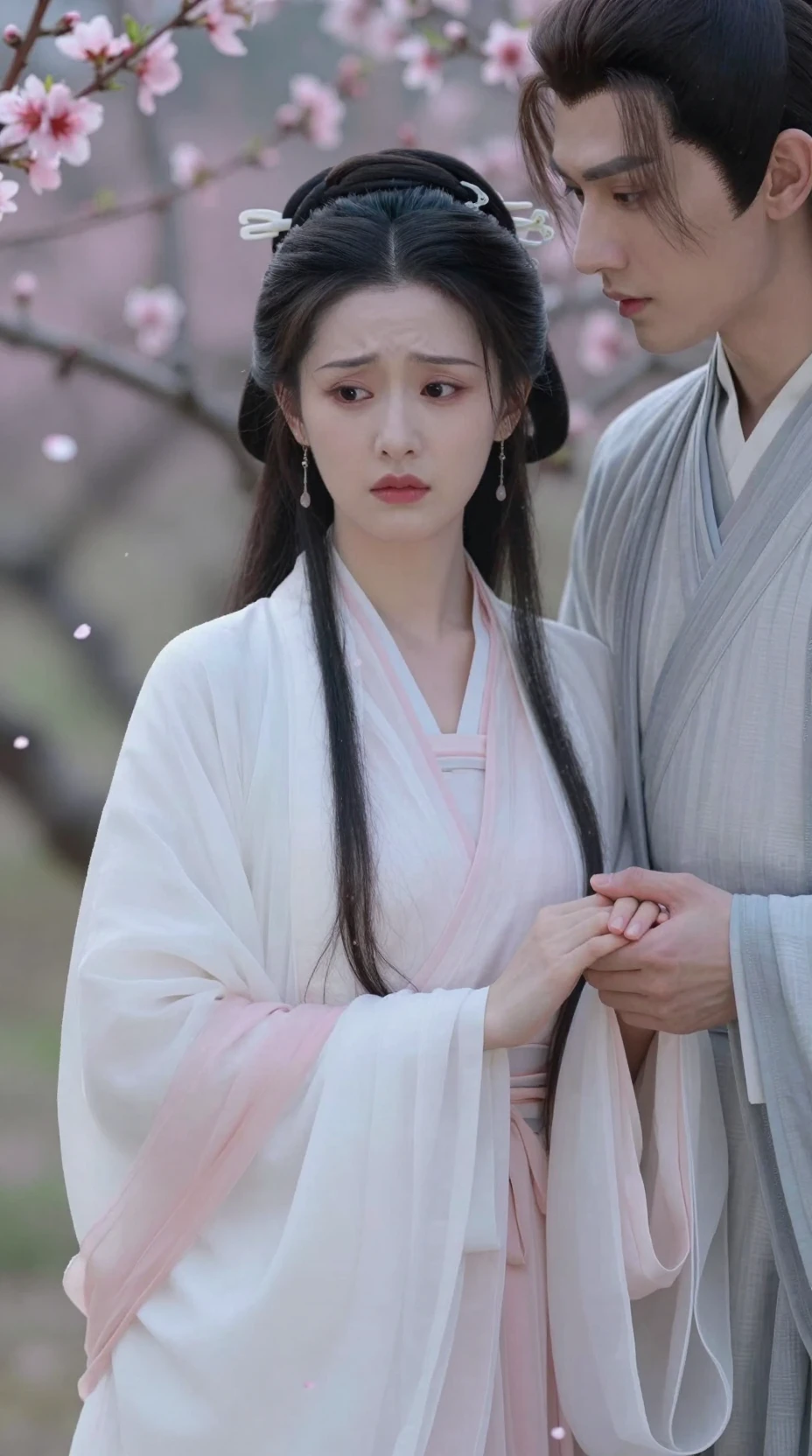 Young couple in hanfu amid dreamy peach blossoms