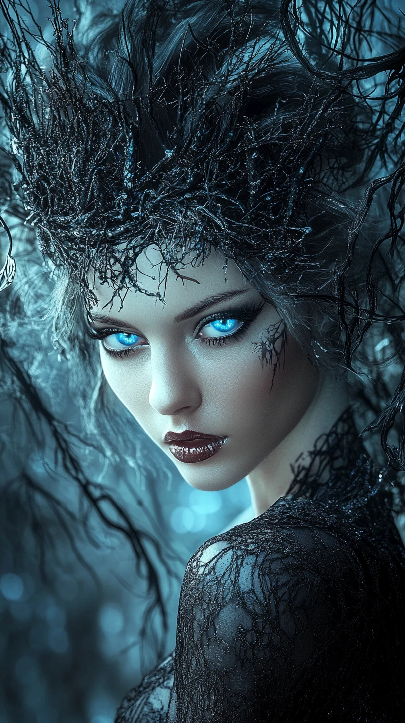 Mystical woman with luminous blue eyes and metallic hair