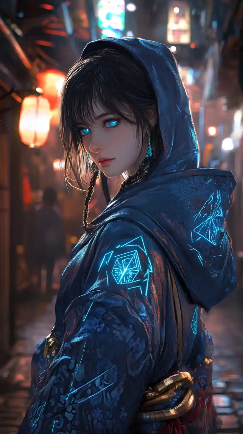 Pensive anime girl in glowing kimono in neon city alley