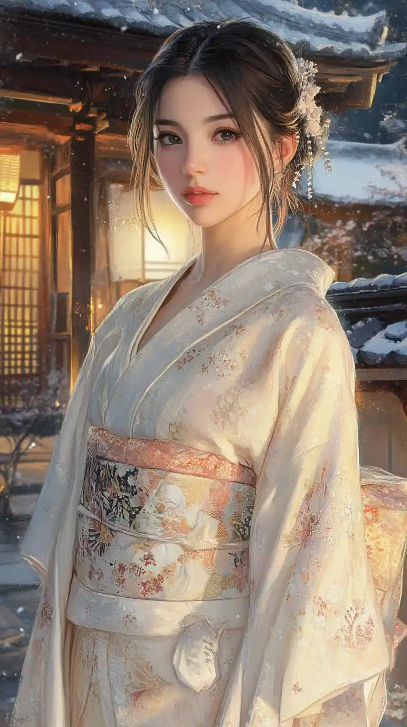Young Asian woman in kimono before a paper house at dusk