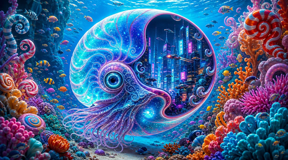 Whimsical Cartoon Nautilus In A Vibrant Coral Reef