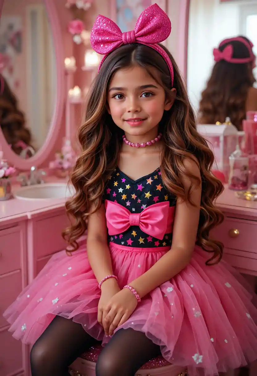 Shy tween girl in pink dress at a vanity mirror