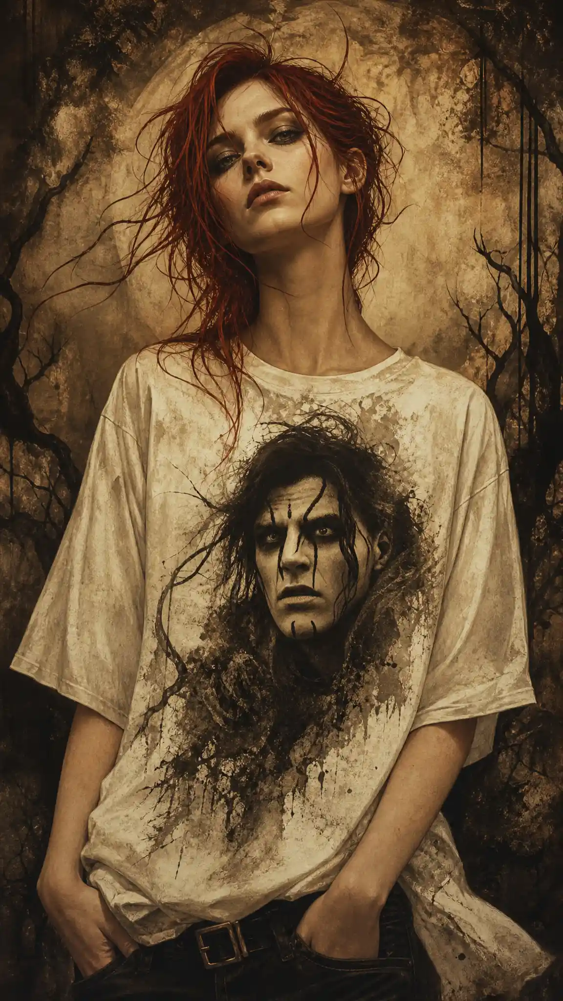 Red haired woman in white t shirt dark fantasy illustration
