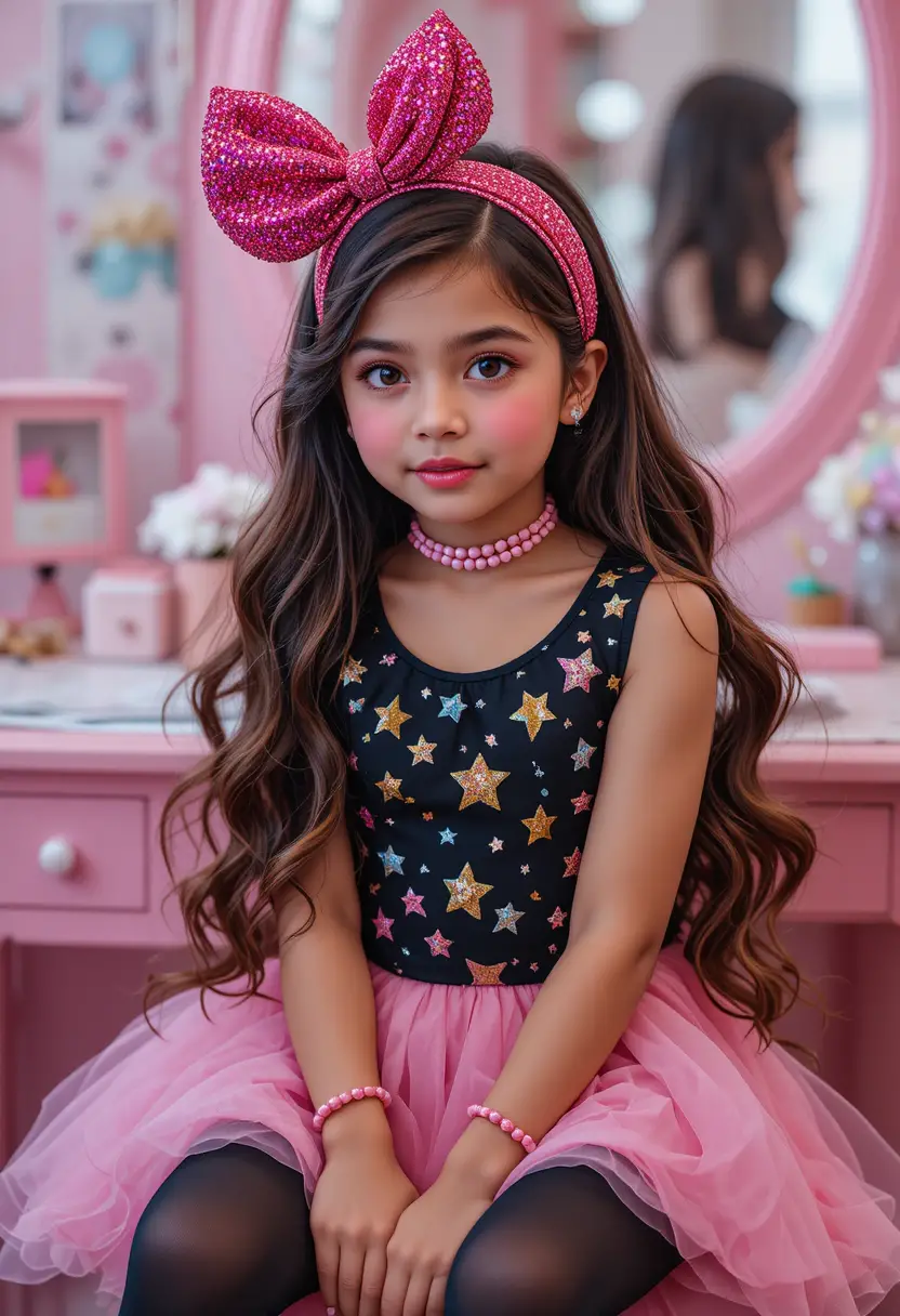 Shy tween in pink dress at a sparkling vanity mirror
