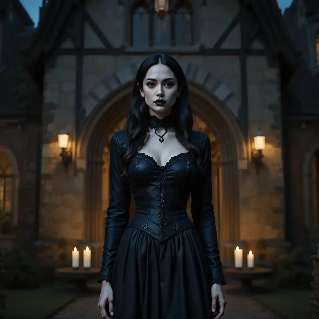 Gothic woman in black corset dress by medieval building