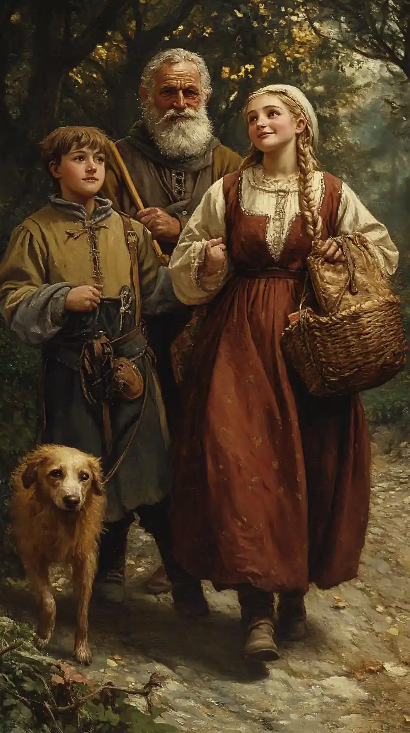 Farmer family with handmaid and hunting dog on the farm