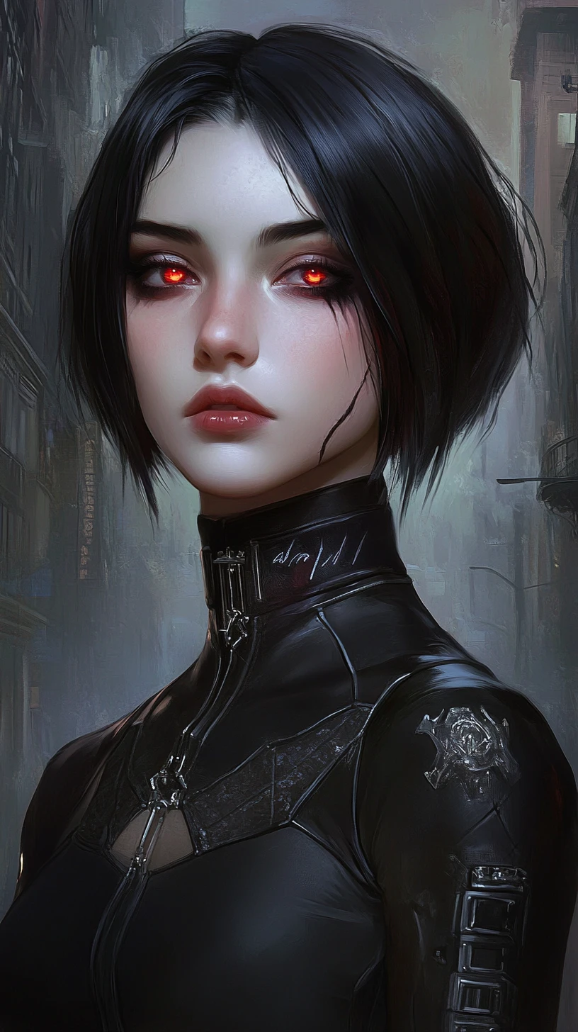 Ethereal woman with glowing red eyes in urban shadows