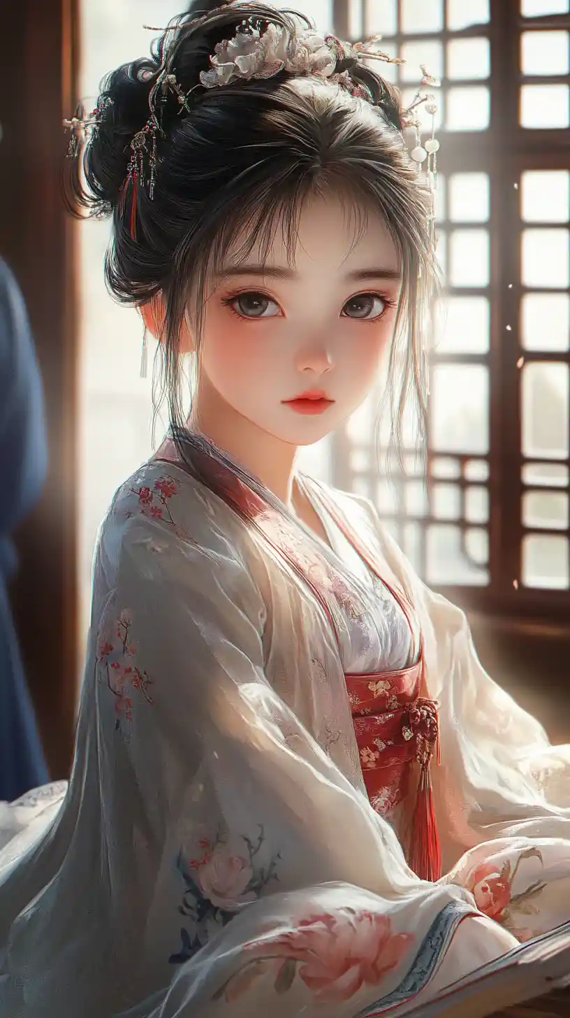 Young girl in white hanfu in a sunlit study