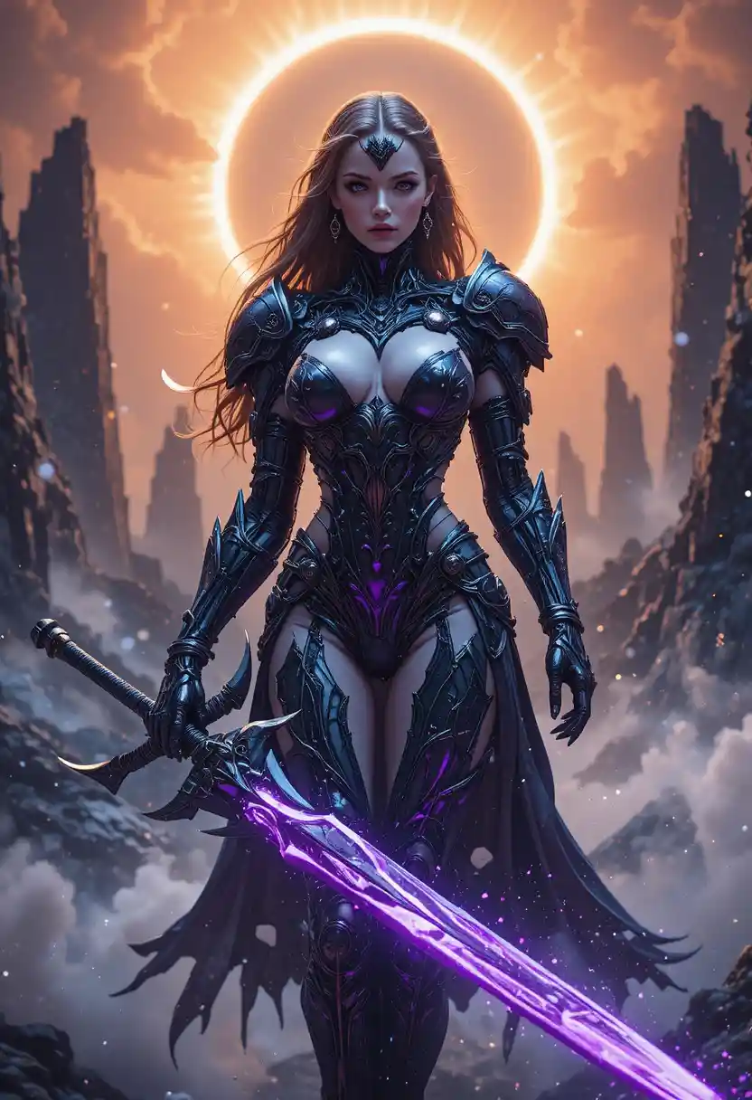Dark paladin woman with violet runeblade under eclipse
