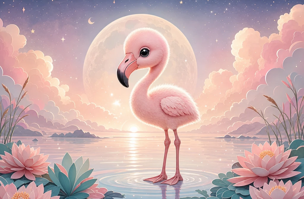 Cute baby flamingo standing in glowing lagoon illustration