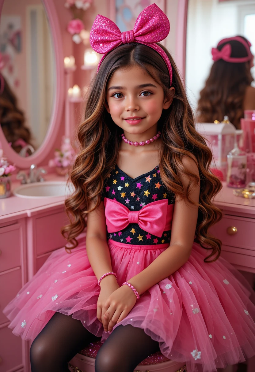 Shy tween girl in pink dress at a vanity mirror
