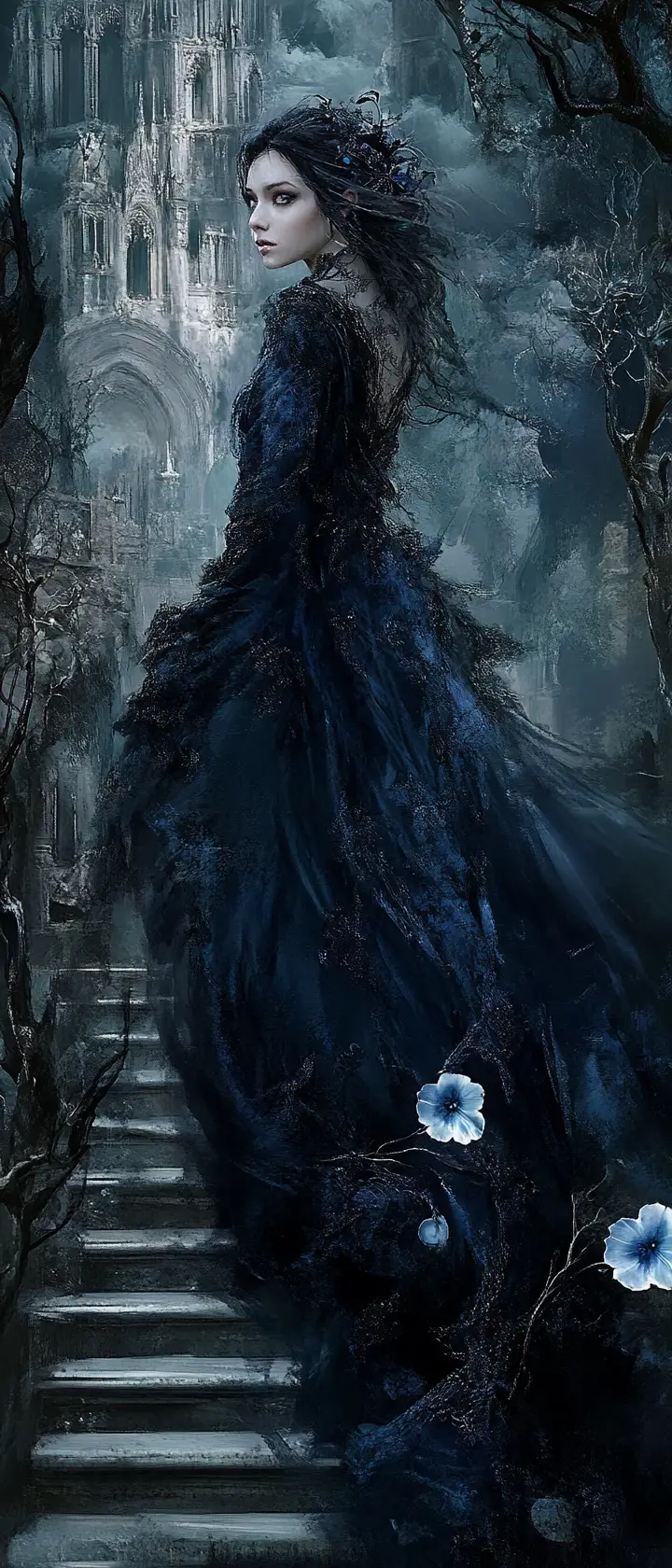 Gothic woman in flowing gown on ancient stone stairs