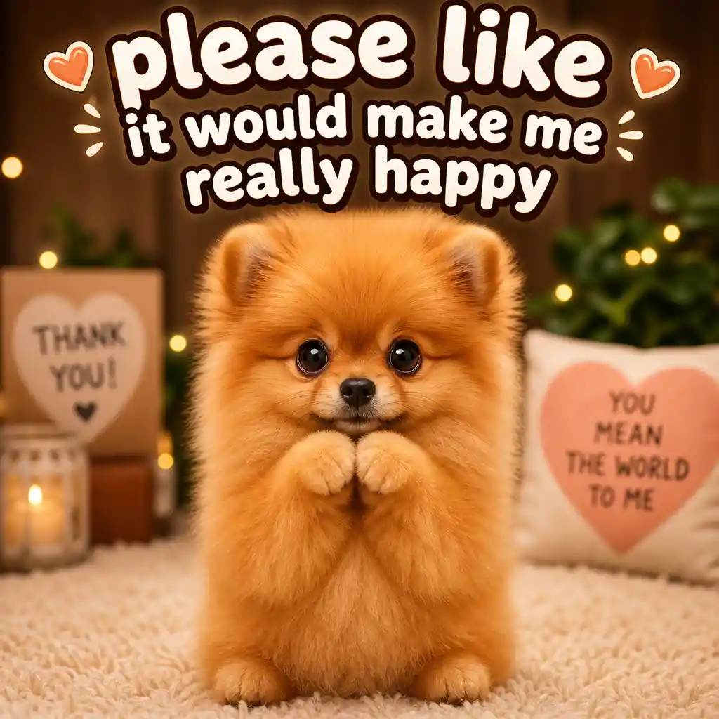 Cute pomeranian puppy begging with playful text above