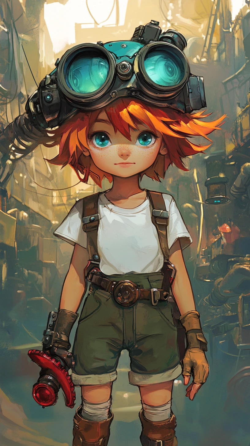 Chica exploradora de anime steampunk en una ciudad industrial en ruinas