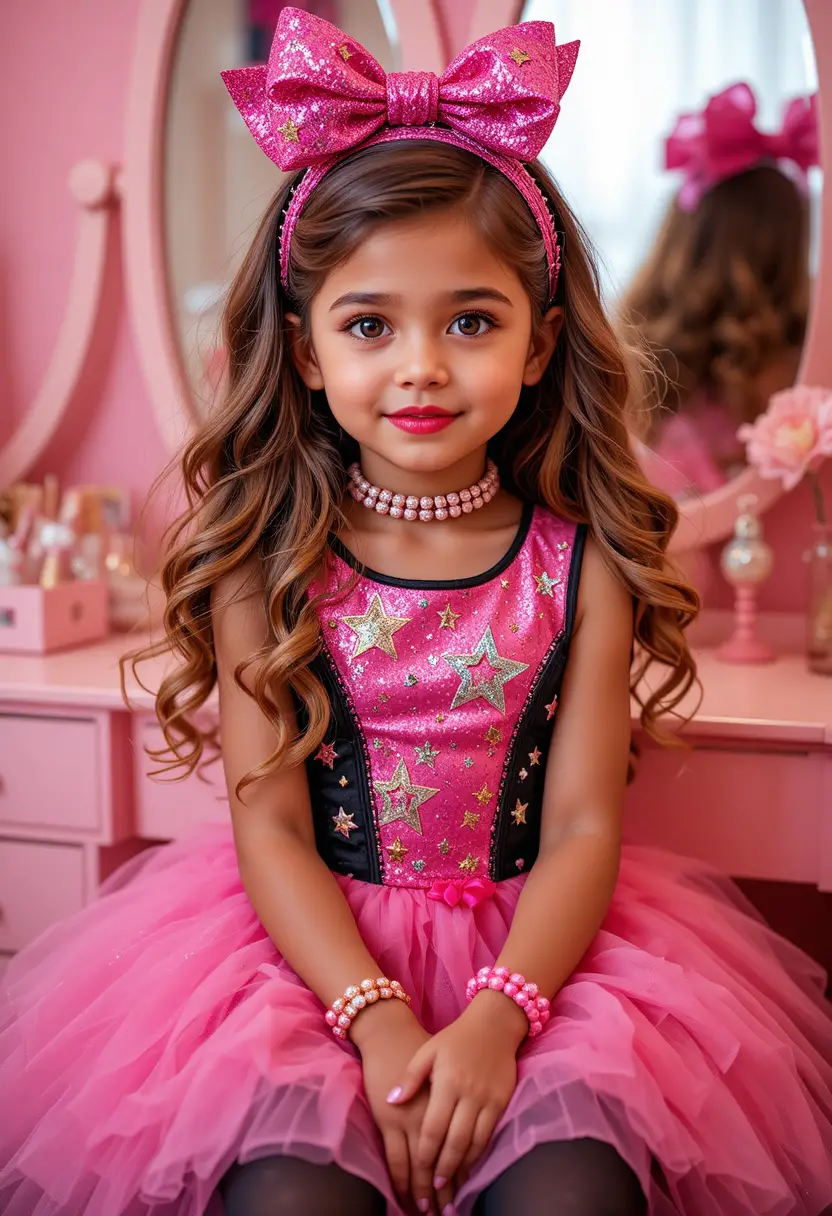 Shy tween boy in pink dress at glitter vanity mirror