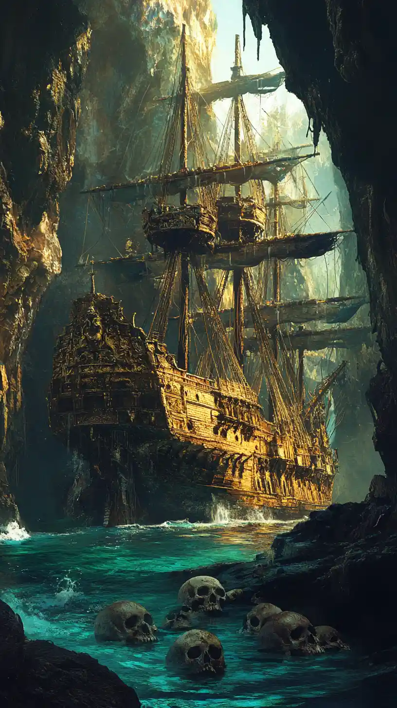 Golden pirate ship stranded in a sunlit sea cave