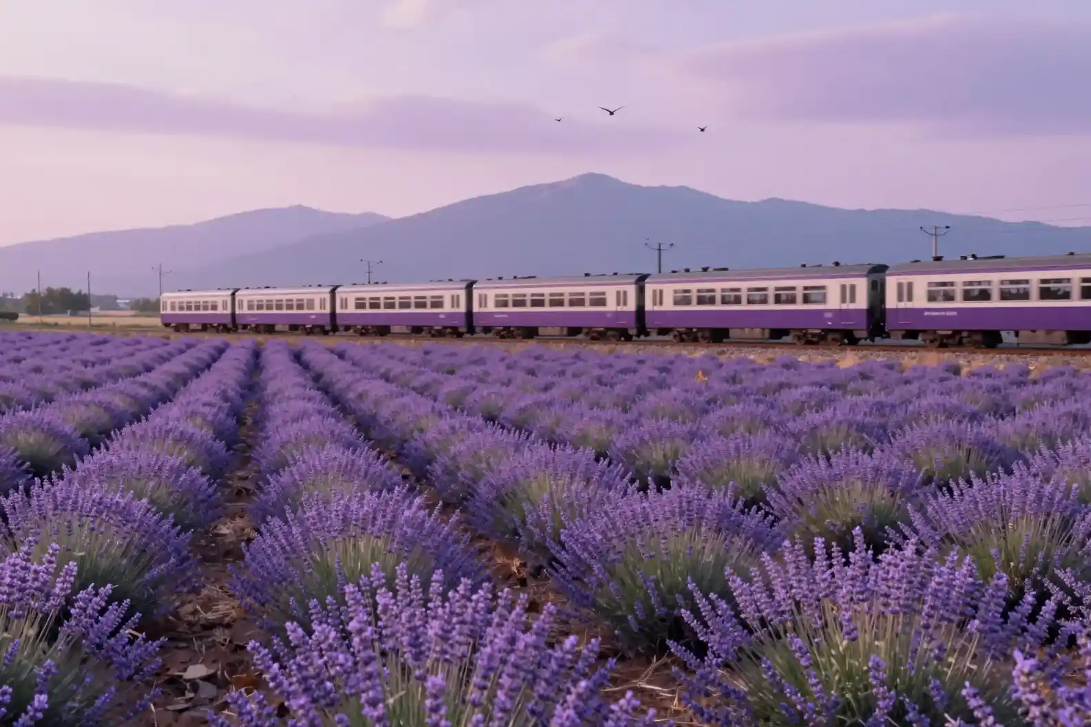 Lavender train in endless purple fields at dreamy countryside