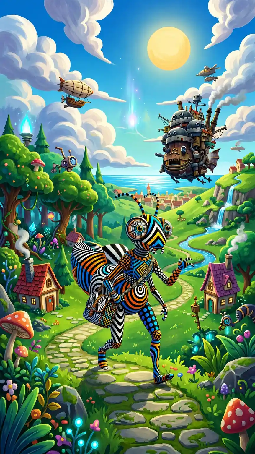 Curious fantasy creature wandering a colorful surreal world