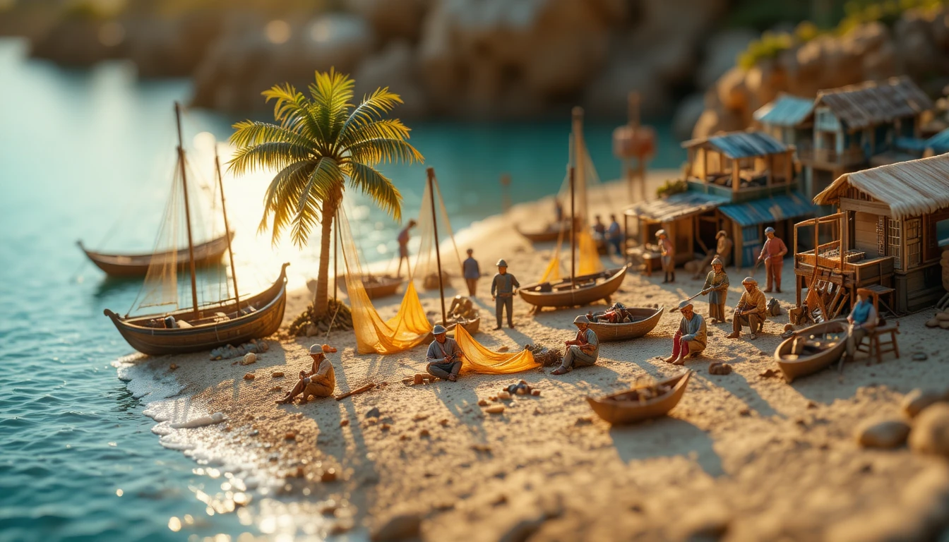 Miniature fishing village beach in warm afternoon light
