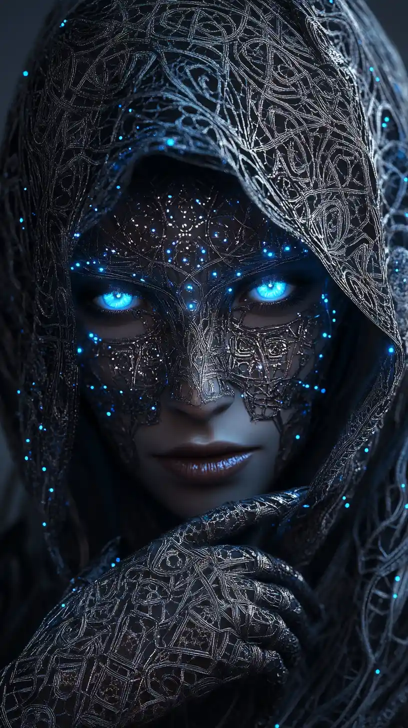 Veiled cyberpunk woman with glowing electric blue eyes