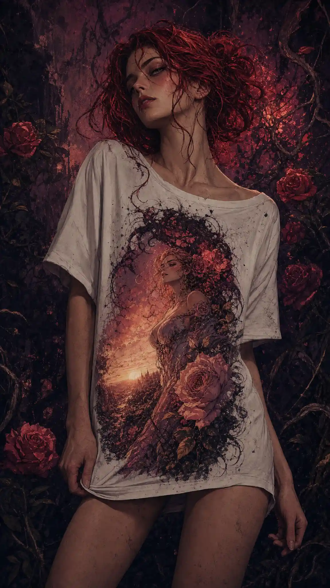 Dark fantasy illustration of a woman in a white tshirt