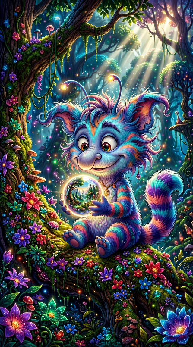 Cute fantasy creature with glowing orb in forest