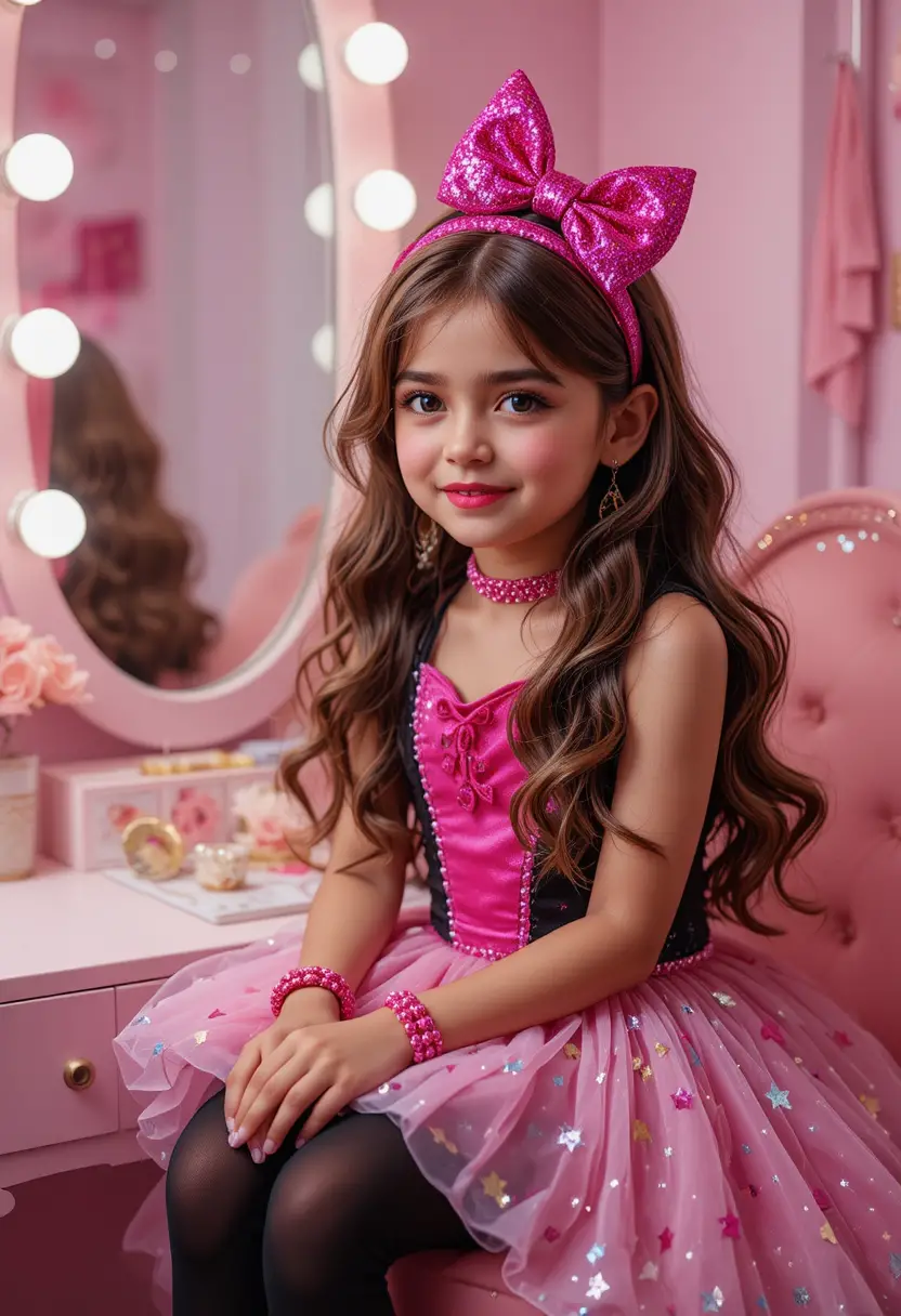 Shy tween in pink dress at sparkling vanity mirror